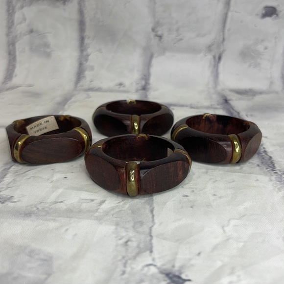 Polished Dark Wood and Brass Napkin Rings Bohemian Set of 4 Made in India - Picture 2 of 5